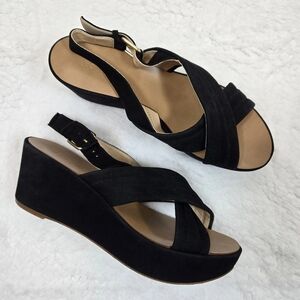 J. Crew Marcie Black Wedge Sandals with Criss-Cross Straps